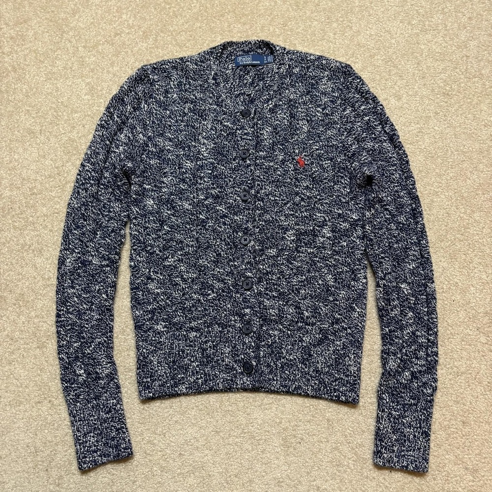 Polo By Ralph Lauren Cardigan Sweater Womens Small Cable Knit Navy Marled Cotton